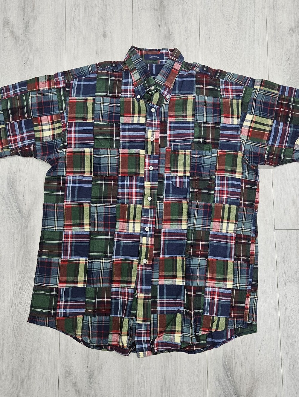 VTG Madras Plaid Patchwork Button Shirt Mark Fore & Strike Blue Red Green Cotton